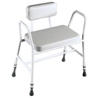 Adjustable Height extra wide Perching stool with Tubular Arms & Padded Back - White